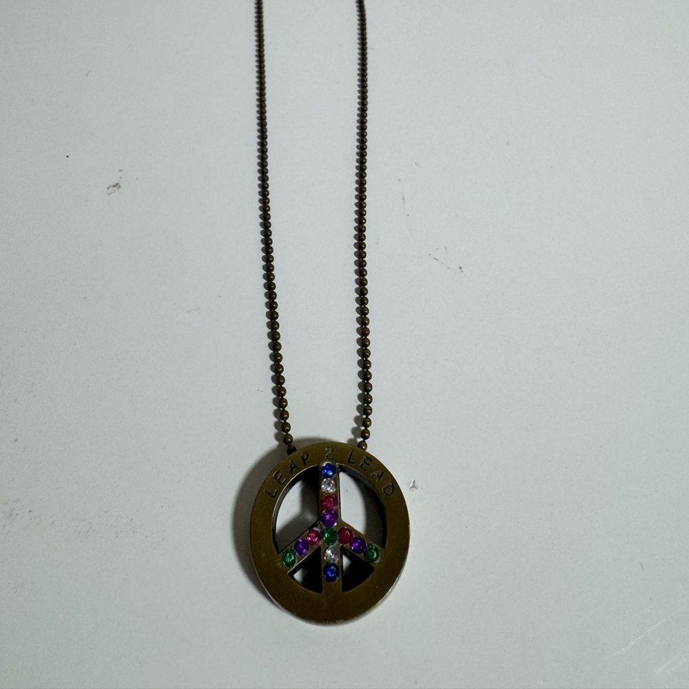 Leap 2 Lead Peace Sign Pendant Necklace Bronze Tone Multi Color Rhinestone